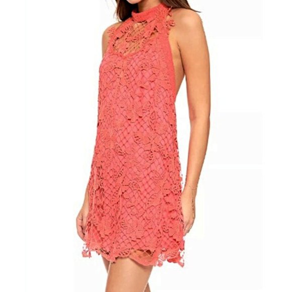 NEW Free People SnowDrop Trapeze Halter Mini Dress w/Crochet Lace SMALL - Picture 3 of 5